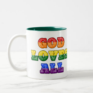 "God Loves All" Homoseksueel/LGBTQIA+/Queer Christ Tweekleurige Koffiemok