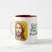 God Maakt Dingen Mogelijk Tweekleurige Koffiemok (Voorkant links)