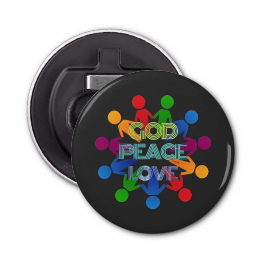 GOD PEACE LOVE BUTTON FLESOPENER (Voorkant)
