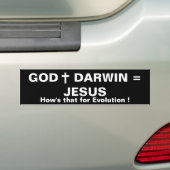 GOD PLUS DARWIN = JEZUS BUMPERSTICKER (Op auto)