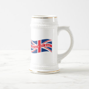 God redt de koning met Union Jack Bierpul