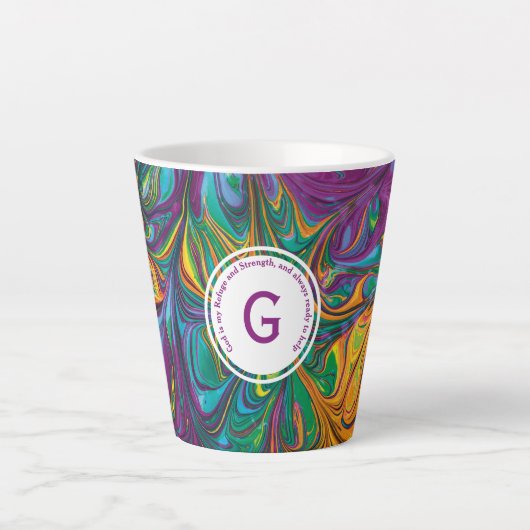 GOD REFUGE STERKTE Abstract Monogram PAARS Latte Mok (Voorkant)