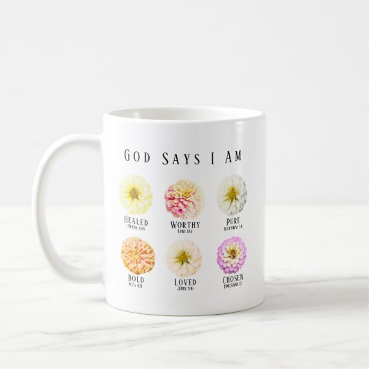 God Says I Am Affirmation Scripture Pastel Floral Koffiemok (Links)