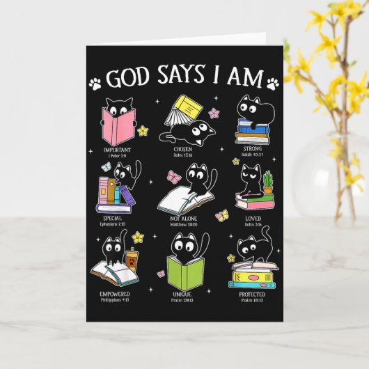 God Says I Am Cat Book Lover Christian Cute Jesus  Kaart (Gele Bloem)