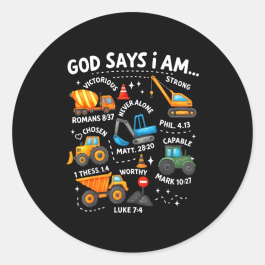 God Says I Am Christian Bible Verses Boys Construc Ronde Sticker (Voorkant)