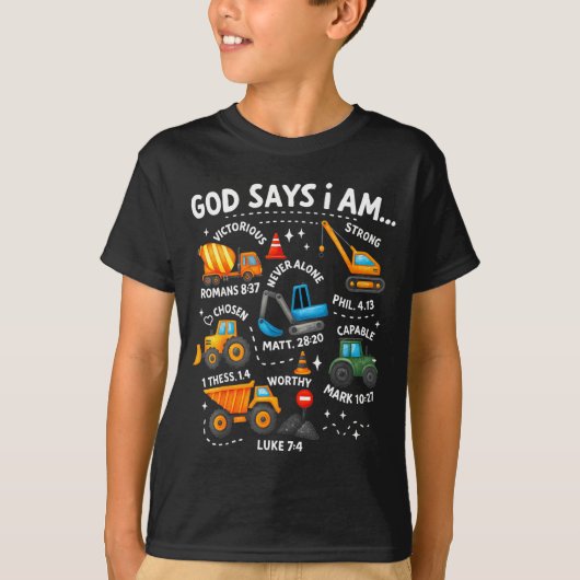 God Says I Am Christian Bible Verses Boys Construc T-shirt (Voorkant)