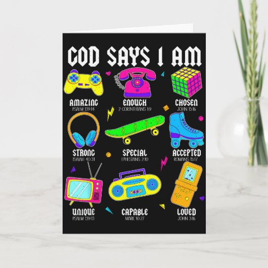 God Says I Am Christian Men Women Kids Retro 80's Kaart (Voorkant)