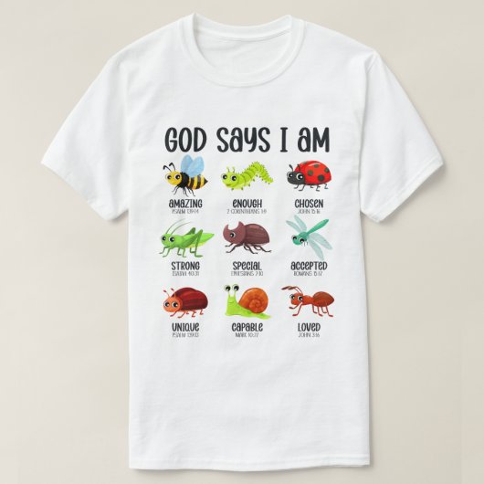 God Says I Am Kids Christian Bug Bible Shirt (Design voorkant)