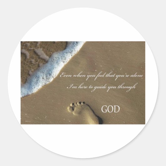 GOD-voetafdruk in zand Ronde Sticker (Voorkant)