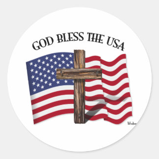 GOD ZEGEN DE VS met robuust kruis & VS-vlag Ronde Sticker