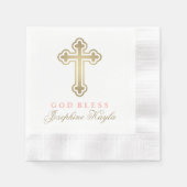 God Zegen Elegant Goud Kruis Doop Meisje Blush Servet (Voorkant)