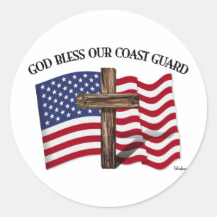 GOD ZEGEN KUSTWAARD met robuust kruis & VS vlag Ronde Sticker