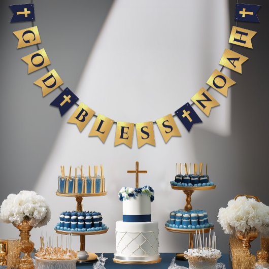 God Zegen Naam Goud Marine Blauw Doop Communie Vlaggetjes