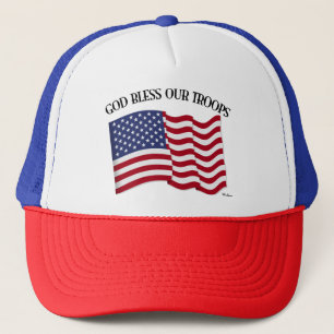 God Zegen Onze Troepen met de vlag van de VS Trucker Pet
