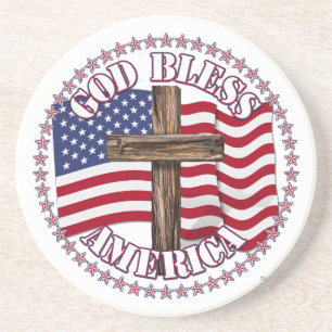God zegene Amerika en kruis met de VS vlag 50 ster Zandsteen Onderzetter