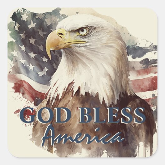 God zegene Amerika Patriottische Eagle Waterverf Vierkante Sticker (Voorkant)