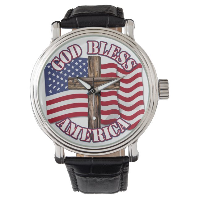 God zegene Amerikaan met Amerikaanse vlag & kruis Horloge (Voorkant)