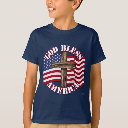 God zegene Amerikaan met Amerikaanse vlag & kruis T-shirt (Voorkant)