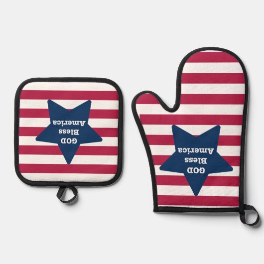 God zegene Amerikaan rood wit en blauw Ovenwant & Pannenlap Set (Voorkant)