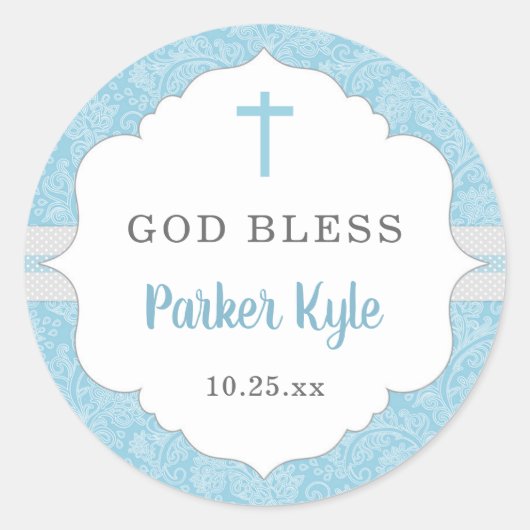 God zegene de doop gunst | Blauwe damast baby jong Ronde Sticker (Voorkant)