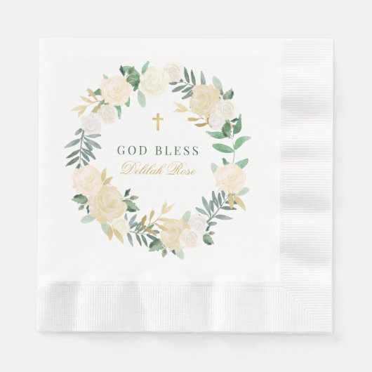 God zegene groen goud bloemenkrans meisje doop servet (Voorkant)