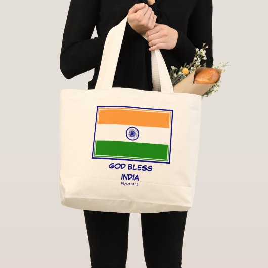 GOD ZEGENE INDIA Patriottische Indiase vlag Grote Tote Bag (Voorkant (product))