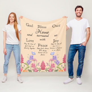 God zegene ons huis beige bloemen wilde bloemen fleece deken