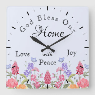 God zegene ons huis Bloemen Wildbloemen Blauw Vierkante Klok