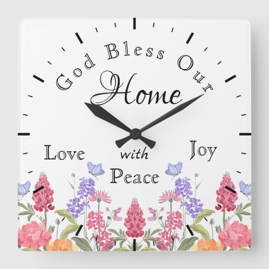 God zegene ons huis Bloemen Wildbloemen Wit Vierkante Klok (Voorkant)