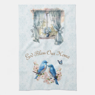 God zegene ons huis Bluebird Floral Damask Theedoek