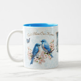 God zegene ons huis Bluebird Floral Damask Tweekleurige Koffiemok