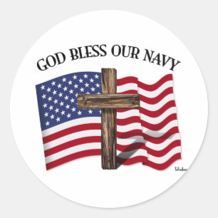 GOD ZEGENE ONZE MARINE met robuust kruis & VS-vlag Ronde Sticker