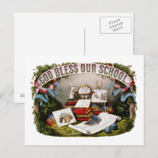  God zegene Onze School Illustratie 1874 Briefkaart (Voorkant / Achterkant)