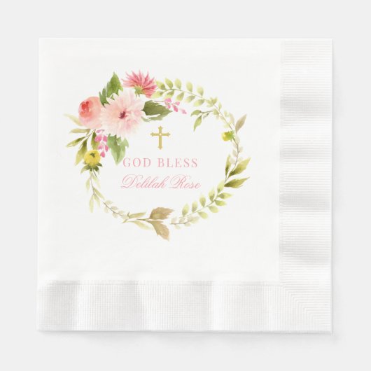 God zegene roze en goud bloemenkrans meisje doop servet (Voorkant)