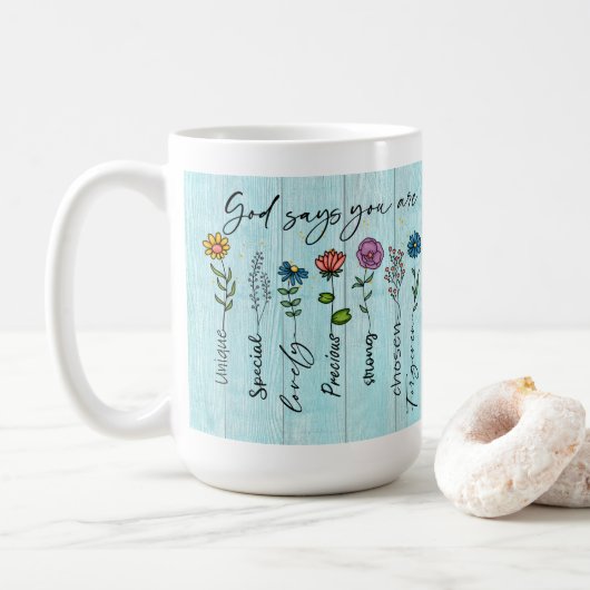"God zegt dat je..."  Faith Design Koffiemok (Met donut)