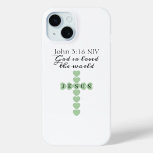 God Zo Loved de Wereld Groen Hart Kruis iPhone 15 Case
