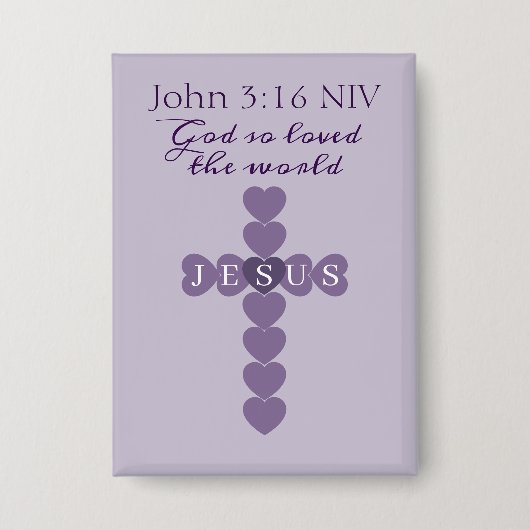 God Zo Loved de Wereld Lavendel Hart Kruis Button (Voorkant)
