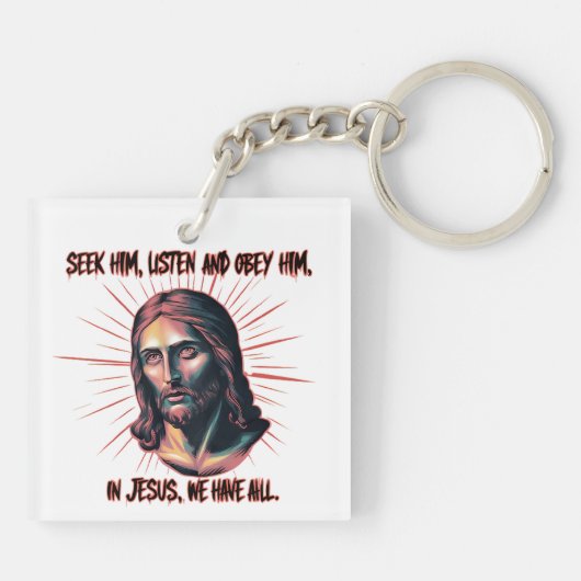 Goddelijke begeleiding: zoeken, luisteren, gehoorz sleutelhanger (Achterkant)