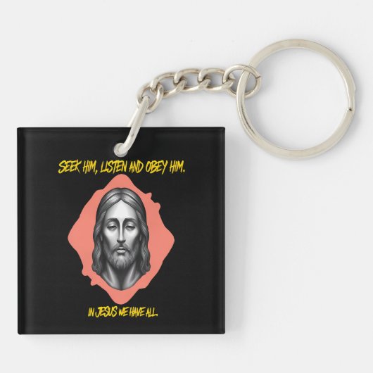 Goddelijke begeleiding: zoeken, luisteren, gehoorz sleutelhanger (Achterkant)