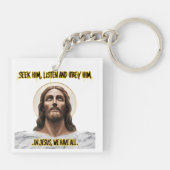 Goddelijke begeleiding: zoeken, luisteren, gehoorz sleutelhanger (Achterkant)