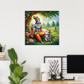 Goddelijke Blauwe Krishna Fluit Kunst Poster (Thuiskantoor)