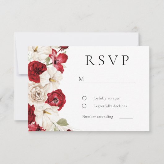 Goddelijke Bloei: Wit & Rood Prachtige Bloemenbrui RSVP Kaartje (Voorkant)
