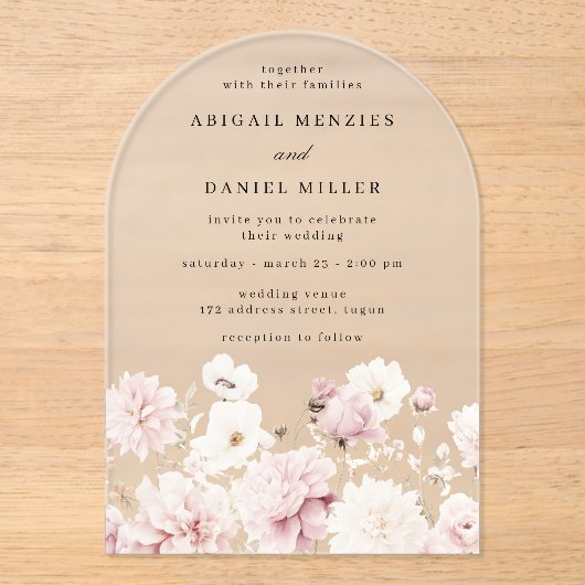 Goddelijke Elegante Blush & White Bloemen Huwelijk Acryl Uitnodigingen (Voorkant)