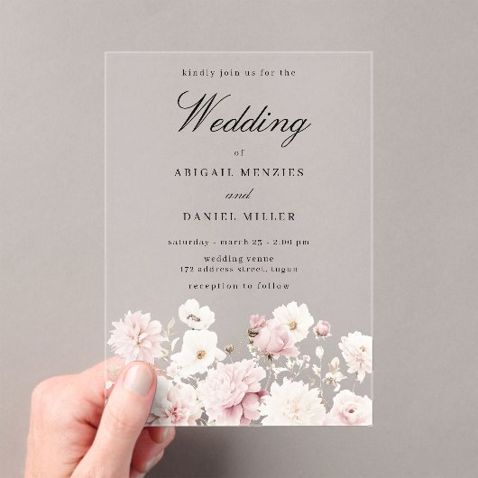 Goddelijke Elegantie: Blush Garden Floral Wedding Acryl Uitnodigingen (Insitu (Draagbaar))