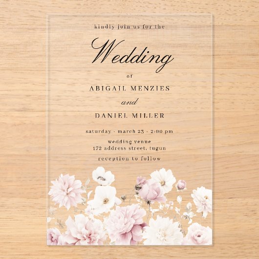 Goddelijke Elegantie: Blush Garden Floral Wedding Acryl Uitnodigingen (Voorkant)