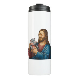 Goddelijke en speelse scène Jezus met Moo Deng Hip Thermosbeker