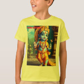 Goddelijke Harmonie: Heer Krishna & Bloeiende Gena T-shirt (Voorkant)