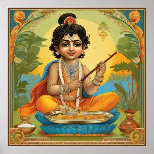 Goddelijke Heer Krishna in de kindertijd met fluit Poster