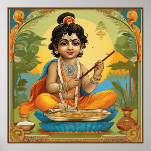 Goddelijke Heer Krishna in de kindertijd met fluit Poster (Voorkant)