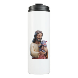 Goddelijke Jezus en Moo Deng in artistieke harmoni Thermosbeker